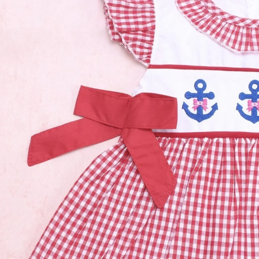 Boutique Anchor Nautical Girls Red Gingham Tunic Shorts Outfit 4th of July